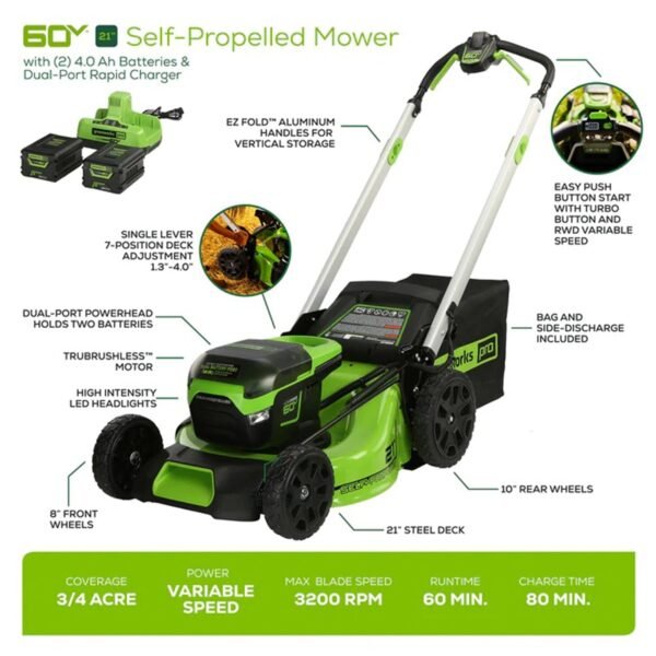 Greenworks 60V 21" Brushless Self-Propelled Battery Powered Lawn Mower + (2) 4.0Ah Batteries & Dual Port Charger