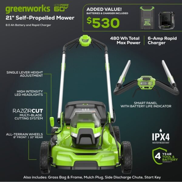 Greenworks 60V 21″ Self Propelled Lawn Mower with (1) 8.0 Ah Battery & Rapid Charger 2546402