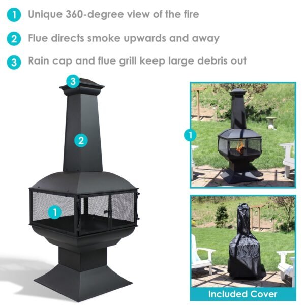 Sunnydaze 57" 360-Degree View Steel Wood-Burning Chiminea with Grate, Poker, and Cover