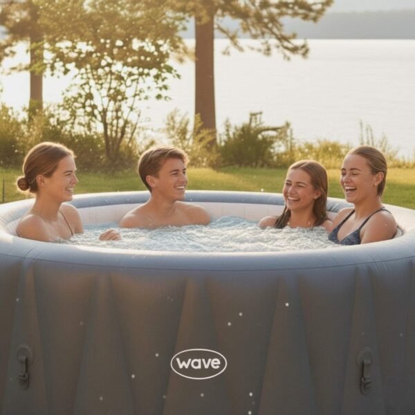 Wave Atlantic 6-Person Inflatable Hot Tub | Integrated Eco Heater | 130 Aquajet Massage System | Anti-Freeze Protection | Quick 15-Minute Setup | Gray Rattan