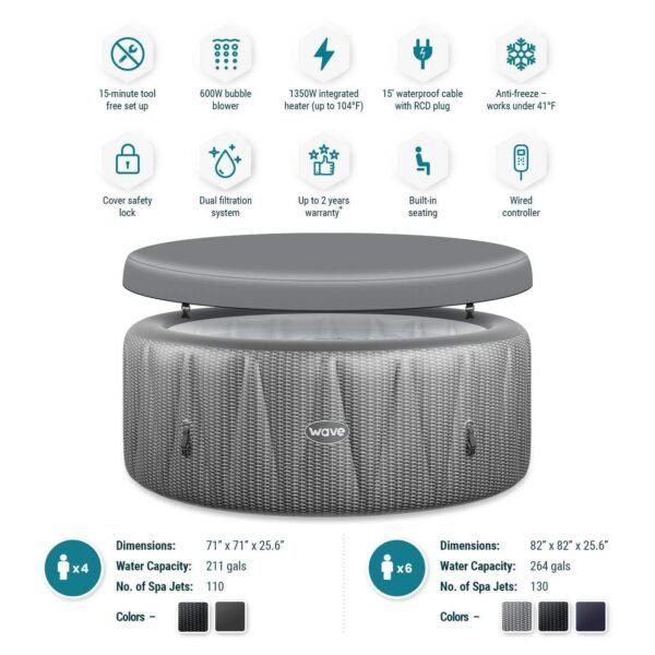 Wave Atlantic 6-Person Inflatable Hot Tub | Integrated Eco Heater | 130 Aquajet Massage System | Anti-Freeze Protection | Quick 15-Minute Setup | Gray Rattan