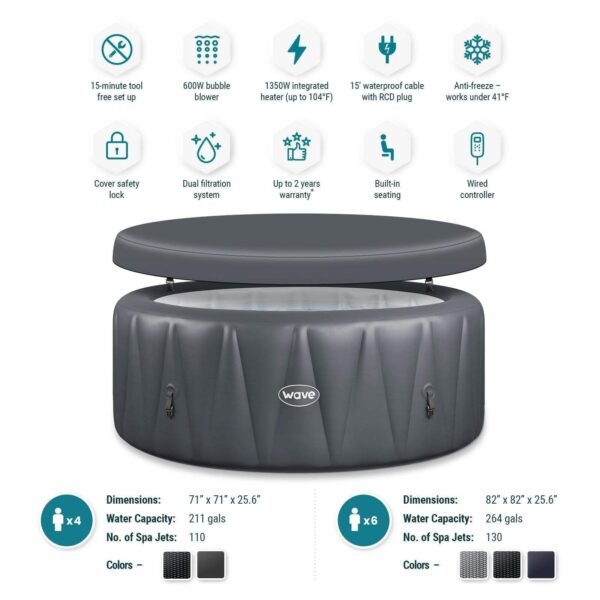 Wave Atlantic 6-Person Inflatable Hot Tub | Integrated Eco Heater | 130 Aquajet Massage System | Anti-Freeze Protection | Quick 15-Minute Setup | Gray Rattan