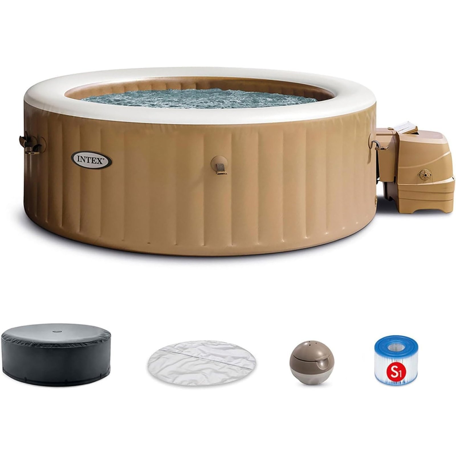 Intex: PureSpa: Sahara Tan Inflatable Hot Tub Set - 6 Person - 85" Round Outdoor Heated Bubble Spa, Jet Massage, Cover, Hard Water Treatment System