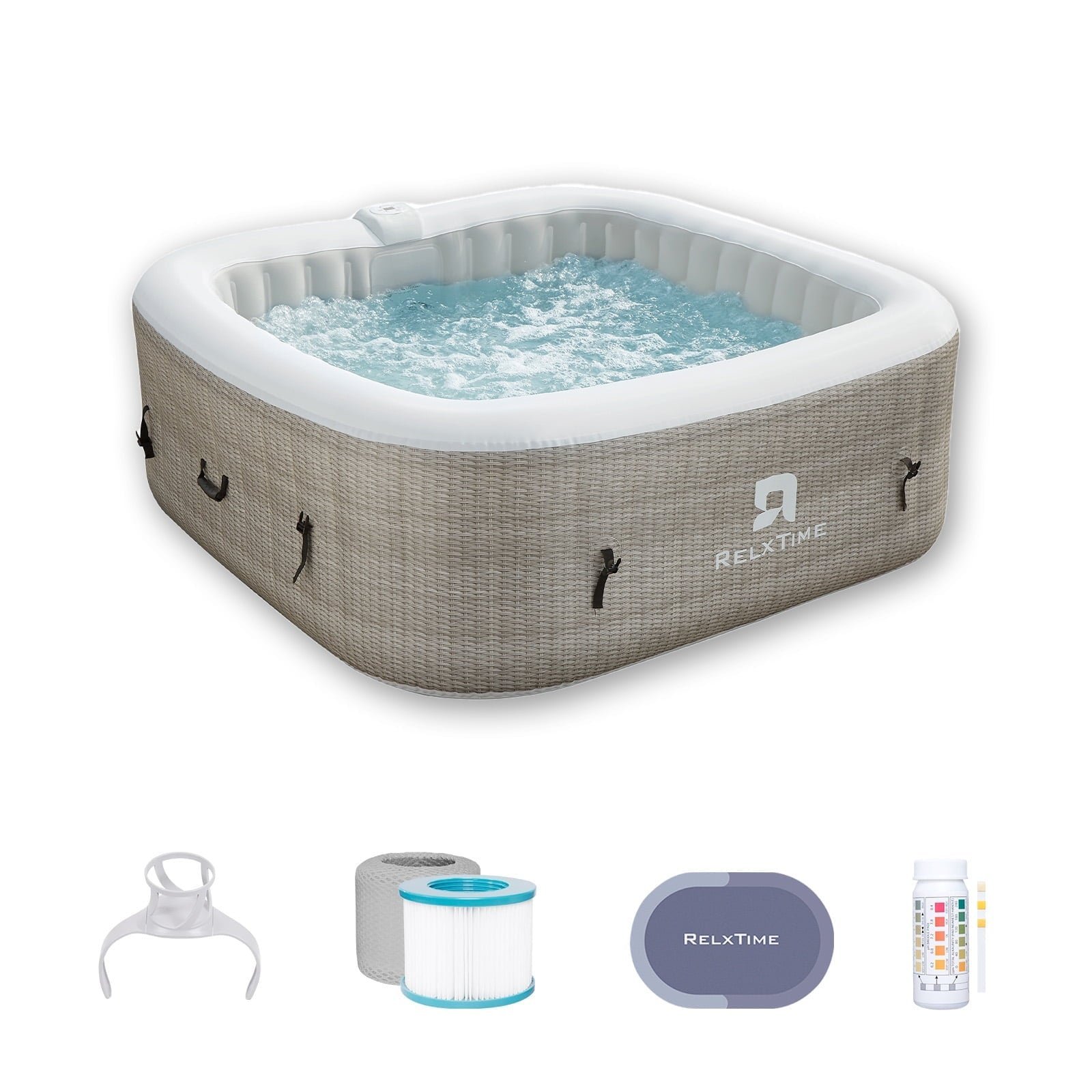 RELXTIME Inflatable Outdoor Hot Tub for 6 Person Square Spa with 120 Bubble Jets, Filter Cartridges