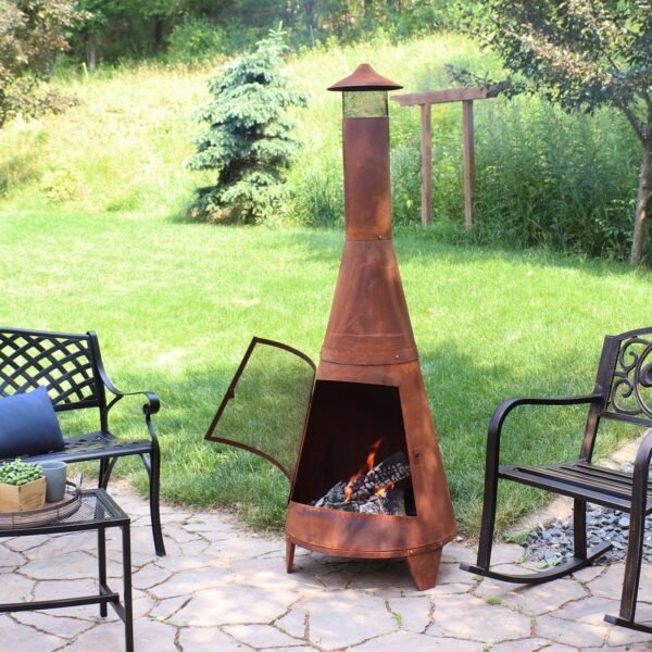 Sunnydaze 70" Rust Patina Finish Steel Wood-Burning Chiminea with Spark Screen