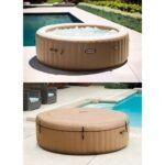 Intex: PureSpa: Sahara Tan Inflatable Hot Tub Set – 6 Person – 85″ Round Outdoor Heated Bubble Spa, Jet Massage, Cover, Hard Water Treatment System