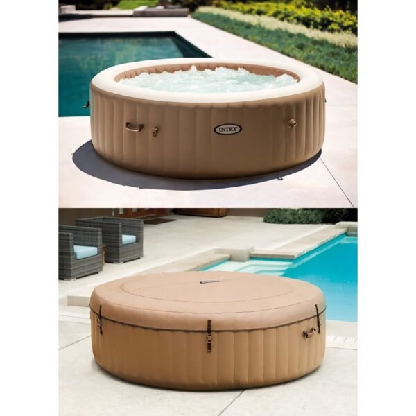 Intex: PureSpa: Sahara Tan Inflatable Hot Tub Set – 6 Person – 85″ Round Outdoor Heated Bubble Spa, Jet Massage, Cover, Hard Water Treatment System