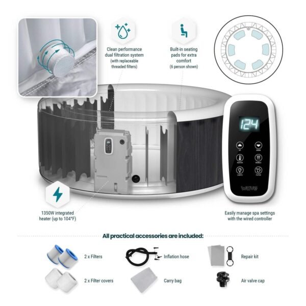 Wave Atlantic 6 Person Round Inflatable Hot Tub, Navy