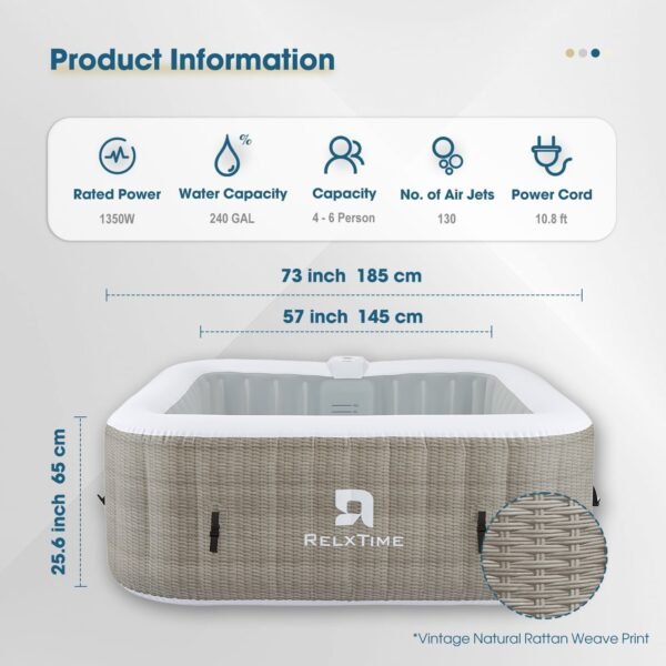 RELXTIME Inflatable Outdoor Hot Tub for 6 Person Square Spa with 120 Bubble Jets, Filter Cartridges