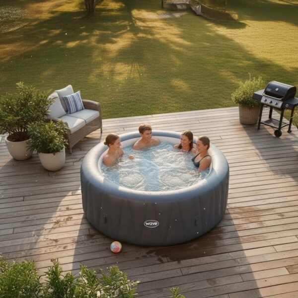 Wave Atlantic 6-Person Inflatable Hot Tub | Integrated Eco Heater | 130 Aquajet Massage System | Anti-Freeze Protection | Quick 15-Minute Setup | Gray Rattan
