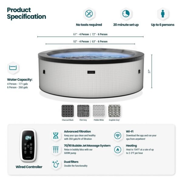 Wave Tahoe 4 Person Eco-Foam Round Hot Tub EnergySave Bundle with 70 Aquajet Massage System | Graphite Gray
