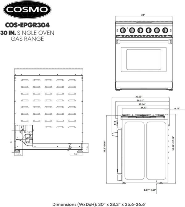 Cosmo 30 in. 4.5 Cu. Ft. Gas Range with 5 Sealed Burners, Convection Oven,