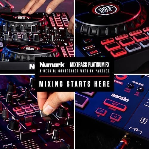 Numark Mixtrack Platinum FX Serato DJ Controller with Jog Wheel Displays, 4 Decks, Mixer, Effects Paddles and (Audio Interface)